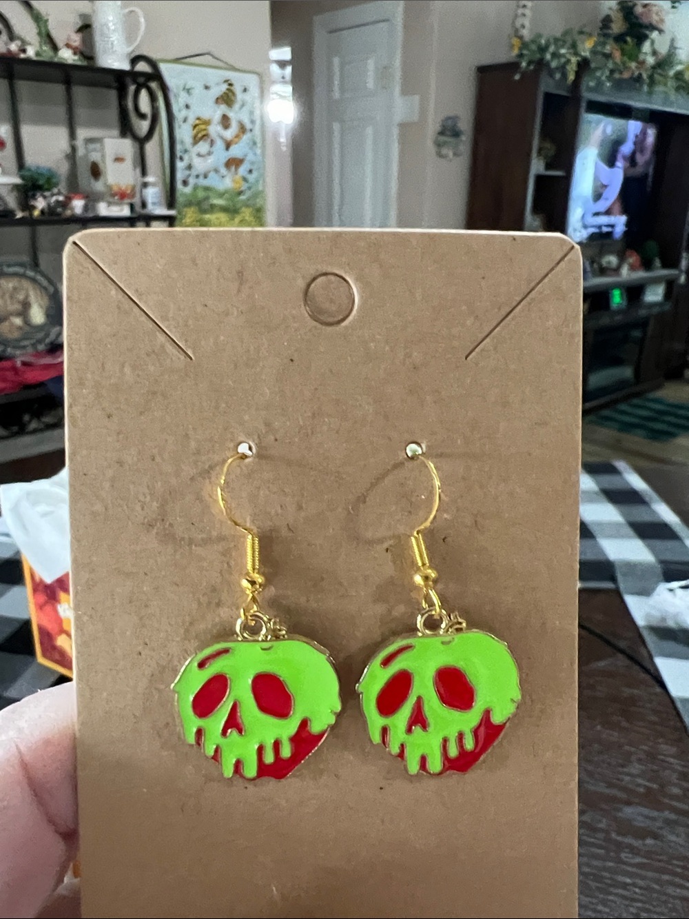 New Disney Green and Red Dripping Skull Apple Dangle Earrings